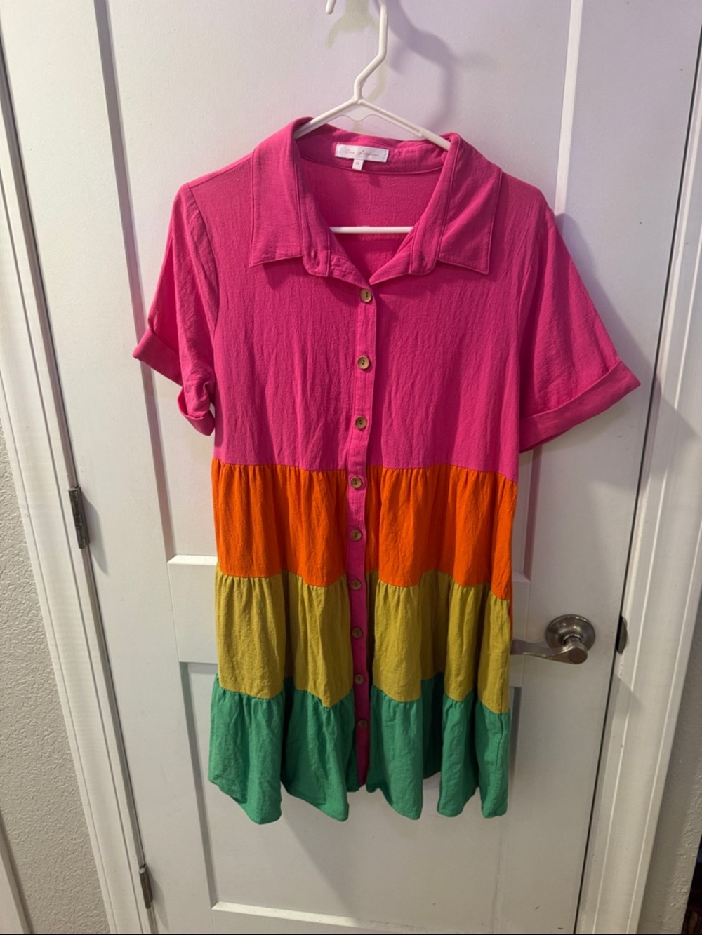 Women’s Colorblock Button-Front Dress in Pink, Orange, Yellow & Green